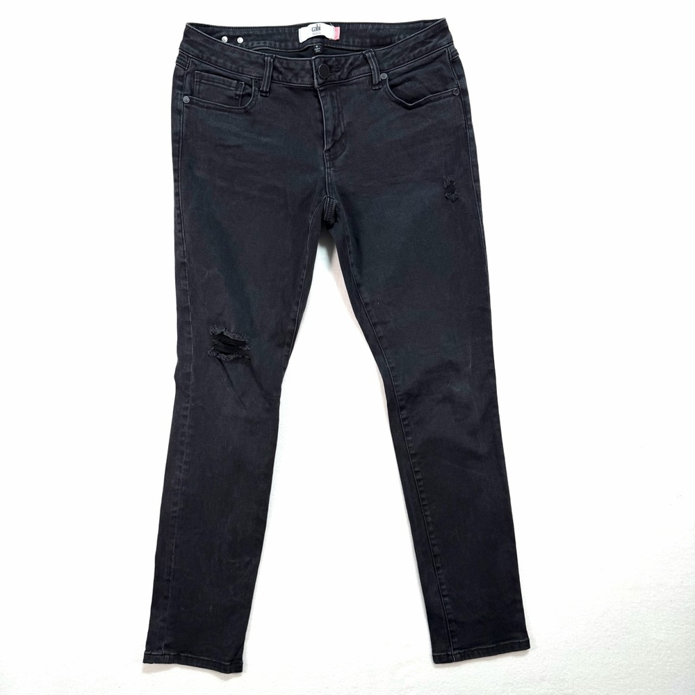 CAbi Women's Slim Boyfriend Jeans Size 6 Black Pants Distressed Torn Knee